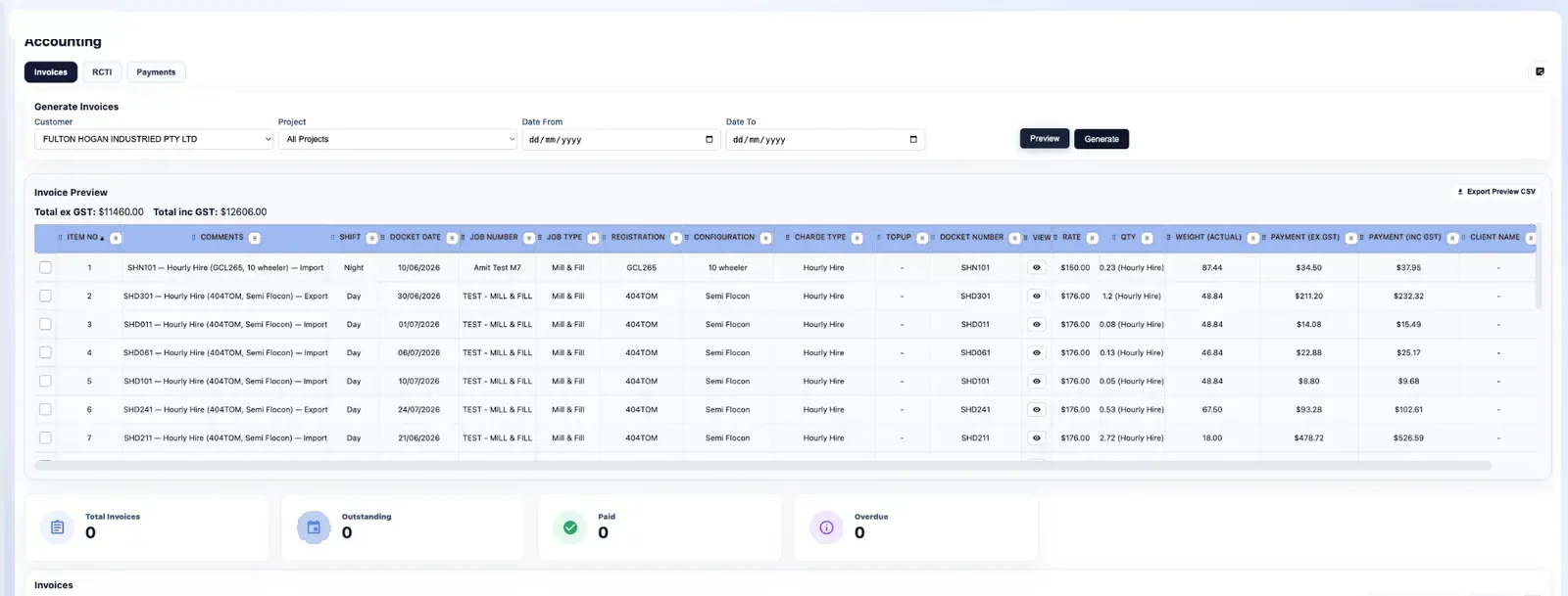 Invoice preview screen