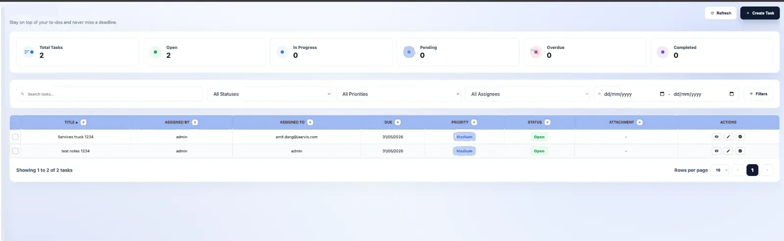 Tasks screen